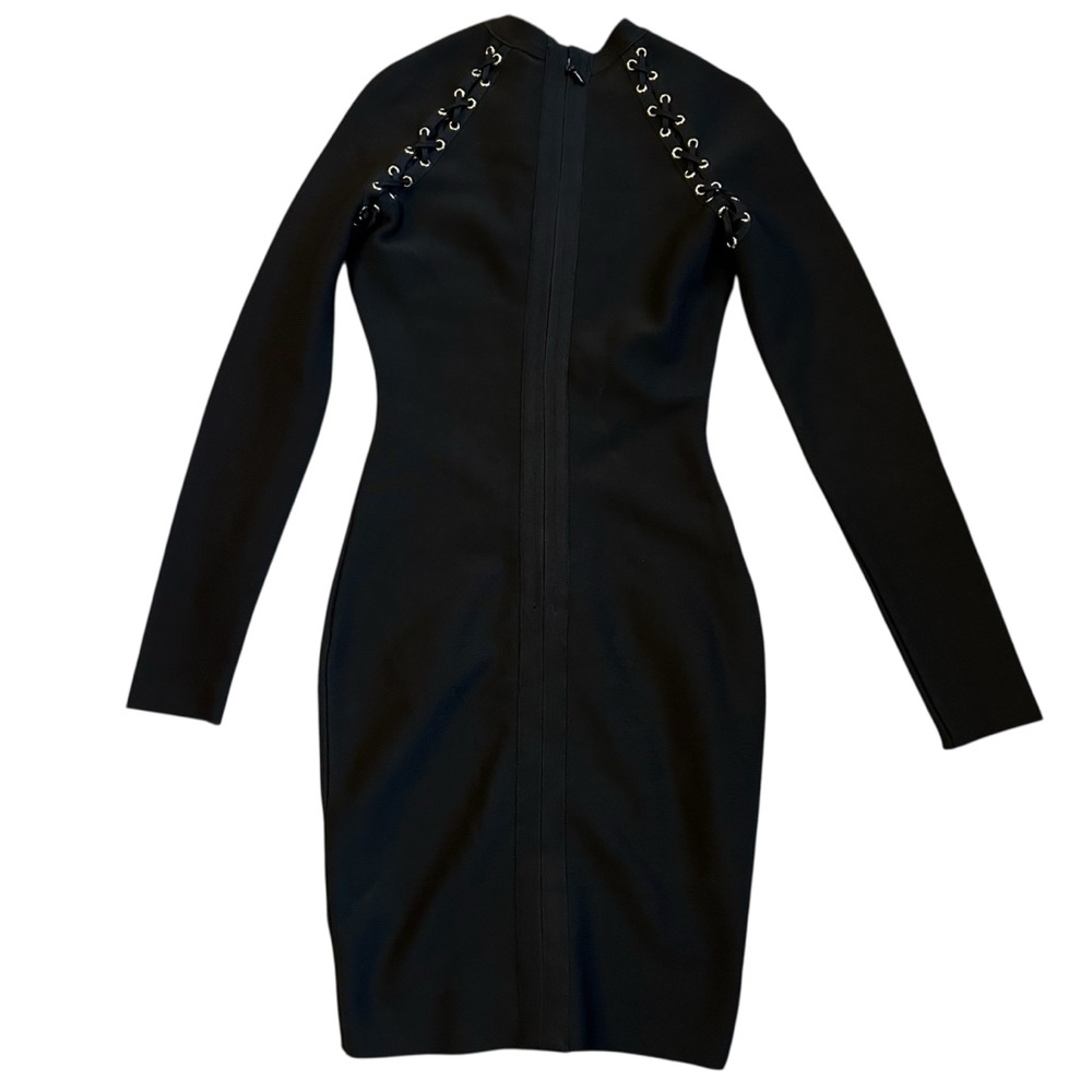Hera Collection Black Lace Up Bodycon Mini Dress Gold Grommet Long Sleeve | S - Picture 3 of 9